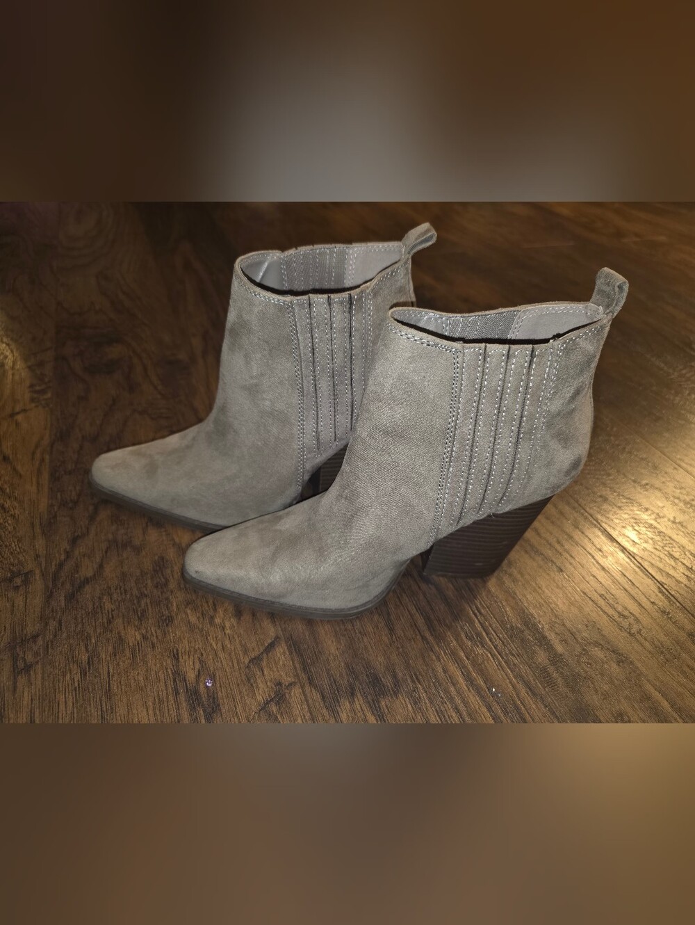 Qupid Pointed Toe Heeled Ankle Boots in Gray